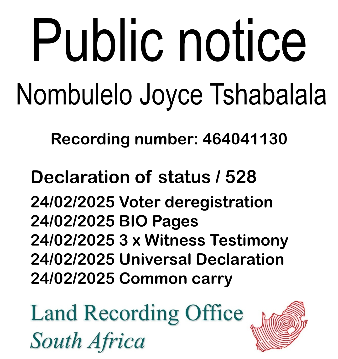 Public Notice Nombulelo Joyce Tshabalala (c) Recording number 464041130